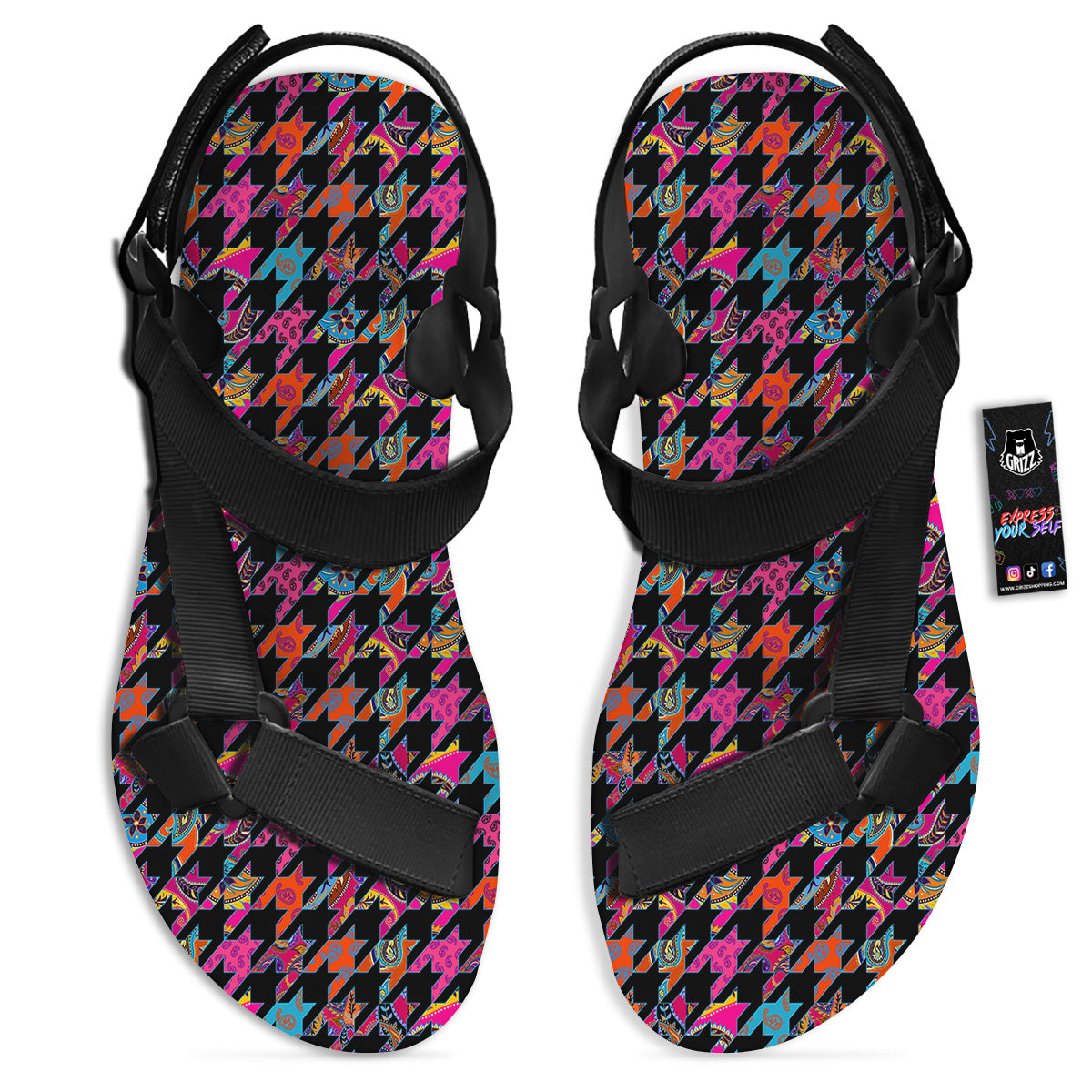 Geometrical Houndstooth And Paisley Print Pattern Black Open Toe Sandals-grizzshop