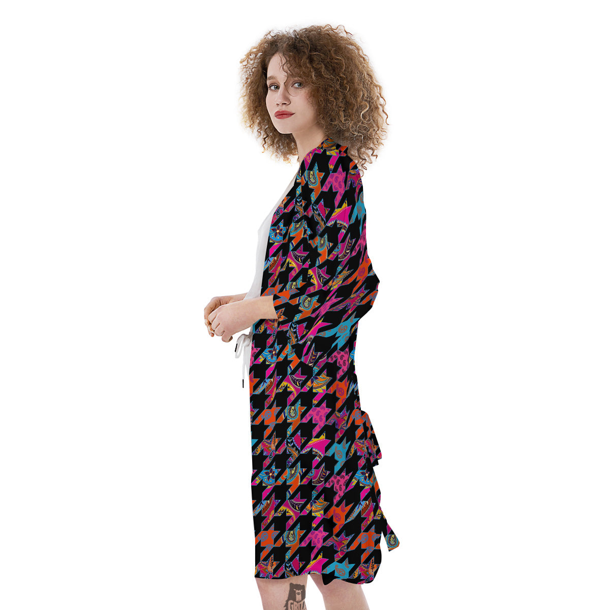 Geometrical Houndstooth And Paisley Print Pattern Kimono-grizzshop