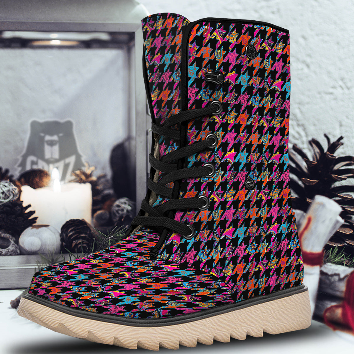Geometrical Houndstooth And Paisley Print Pattern Snow Boots-grizzshop
