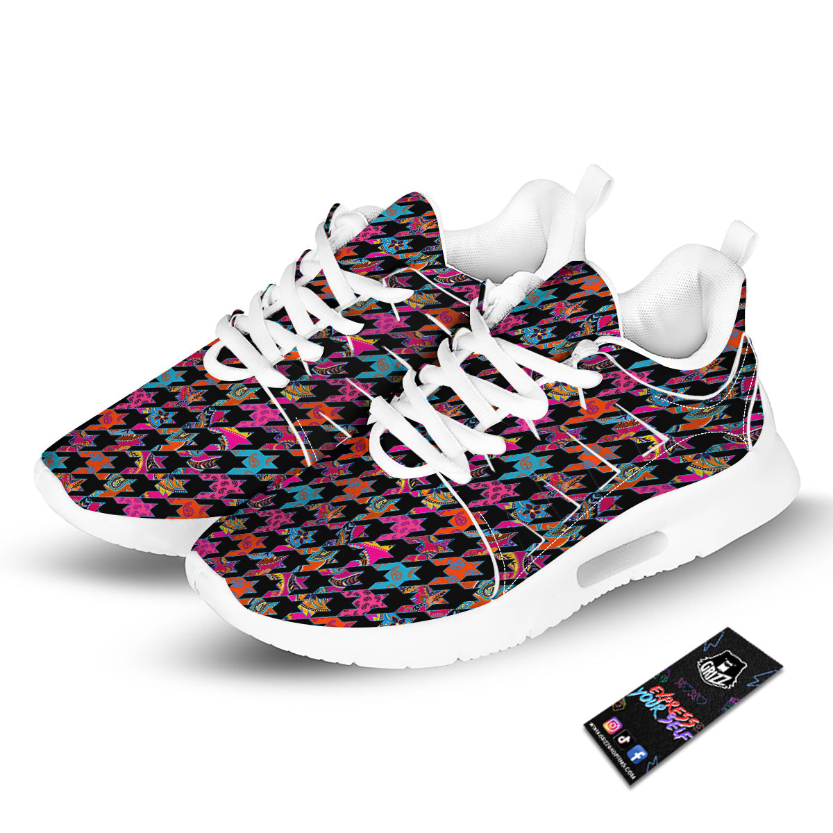 Geometrical Houndstooth And Paisley Print Pattern Tennis Shoes-grizzshop