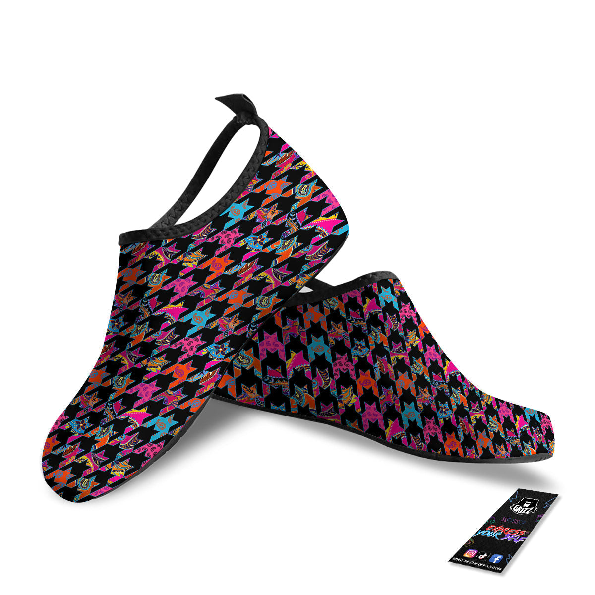 Geometrical Houndstooth And Paisley Print Pattern Water Shoes-grizzshop