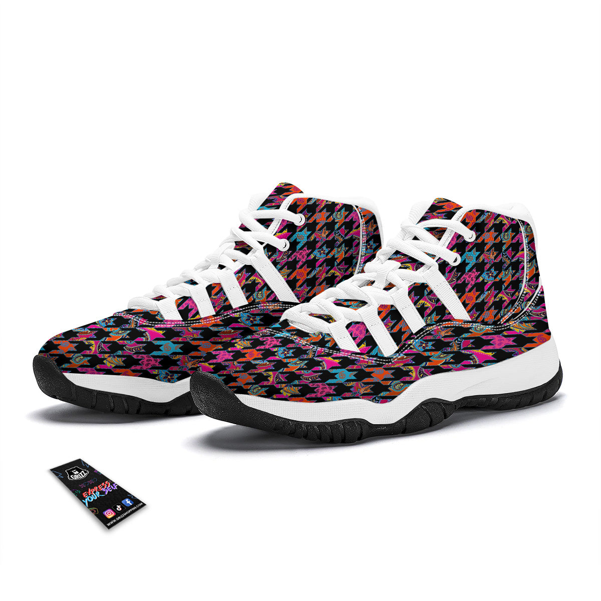 Geometrical Houndstooth And Paisley Print Pattern White Bball Shoes-grizzshop