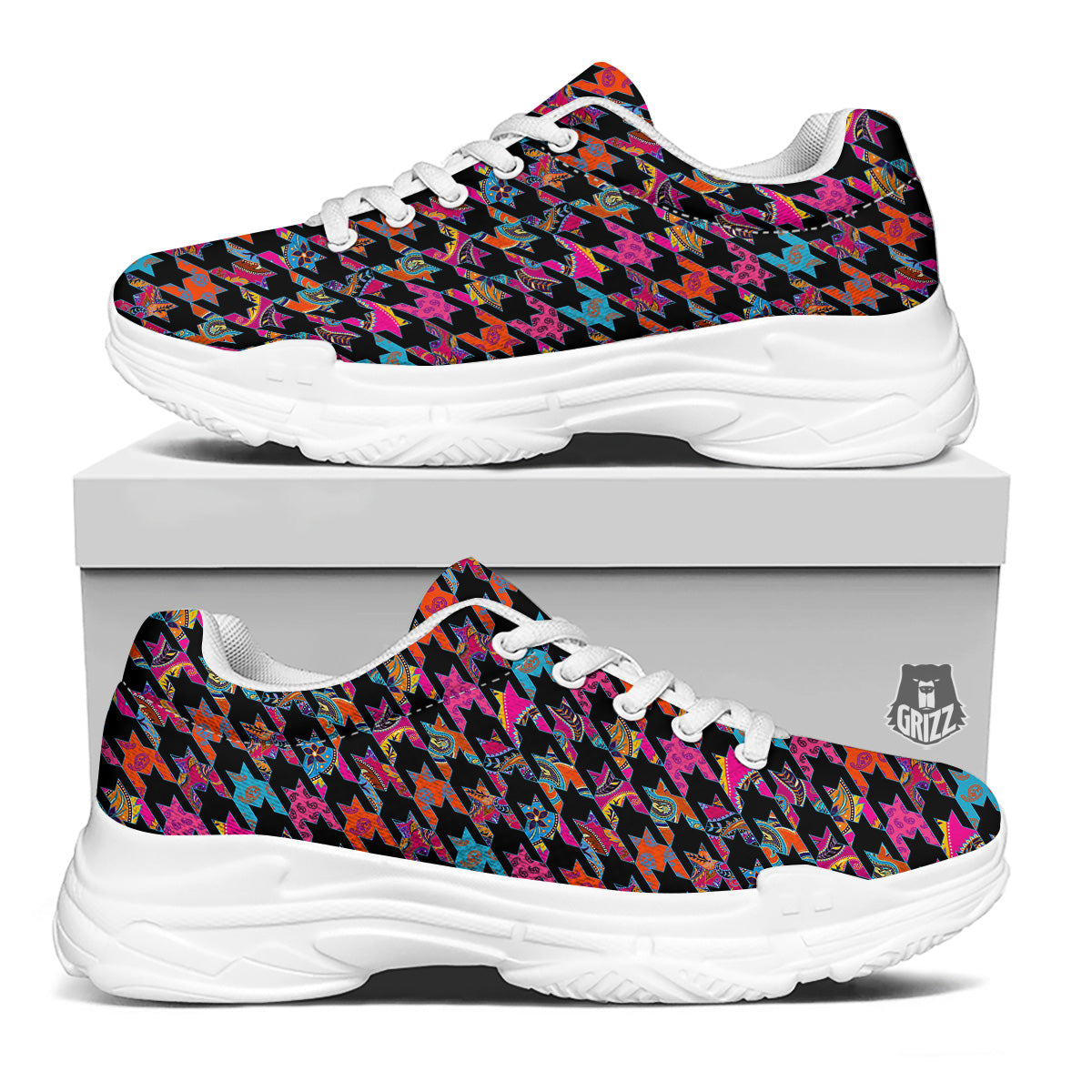 Geometrical Houndstooth And Paisley Print Pattern White Chunky Shoes-grizzshop