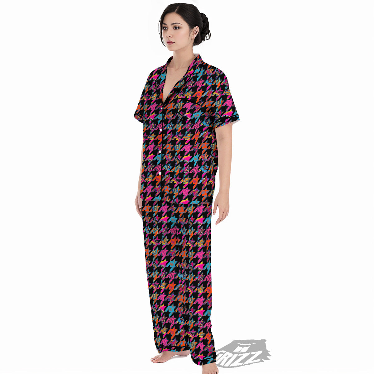 Geometrical Houndstooth And Paisley Print Pattern Women's Pajamas Set-grizzshop