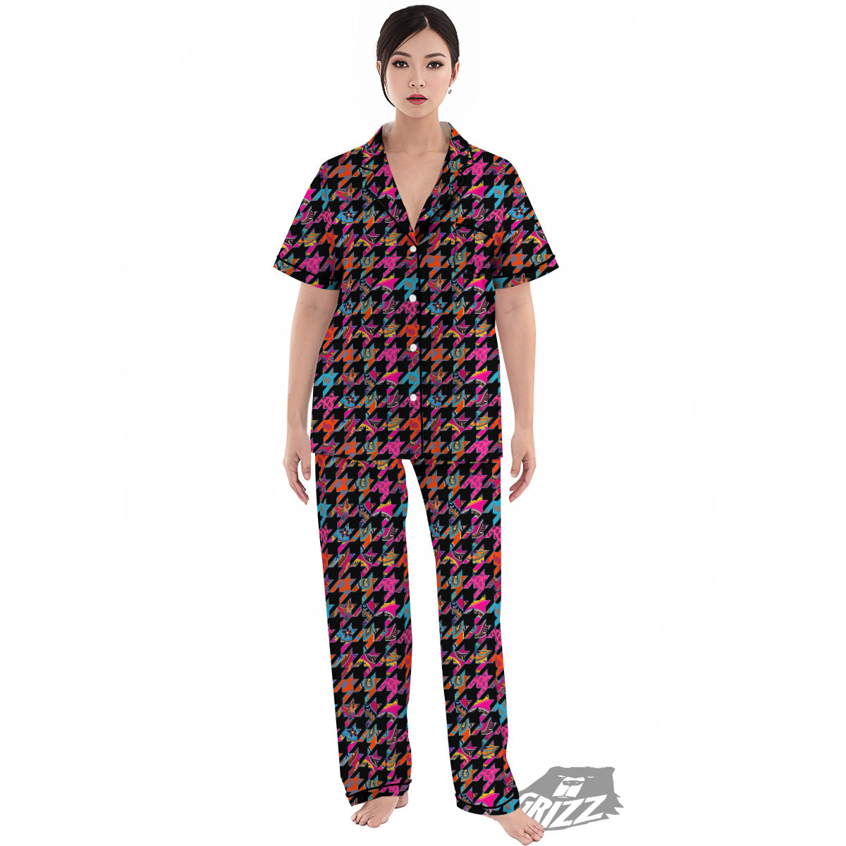 Geometrical Houndstooth And Paisley Print Pattern Women's Pajamas Set-grizzshop