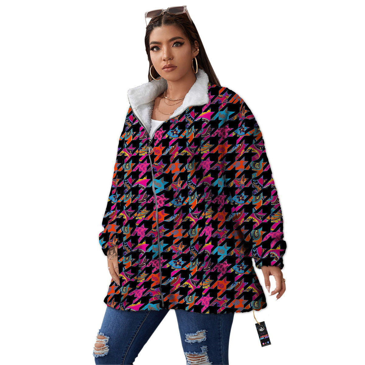 Geometrical Houndstooth And Paisley Print Pattern Women's Sherpa Jacket-grizzshop
