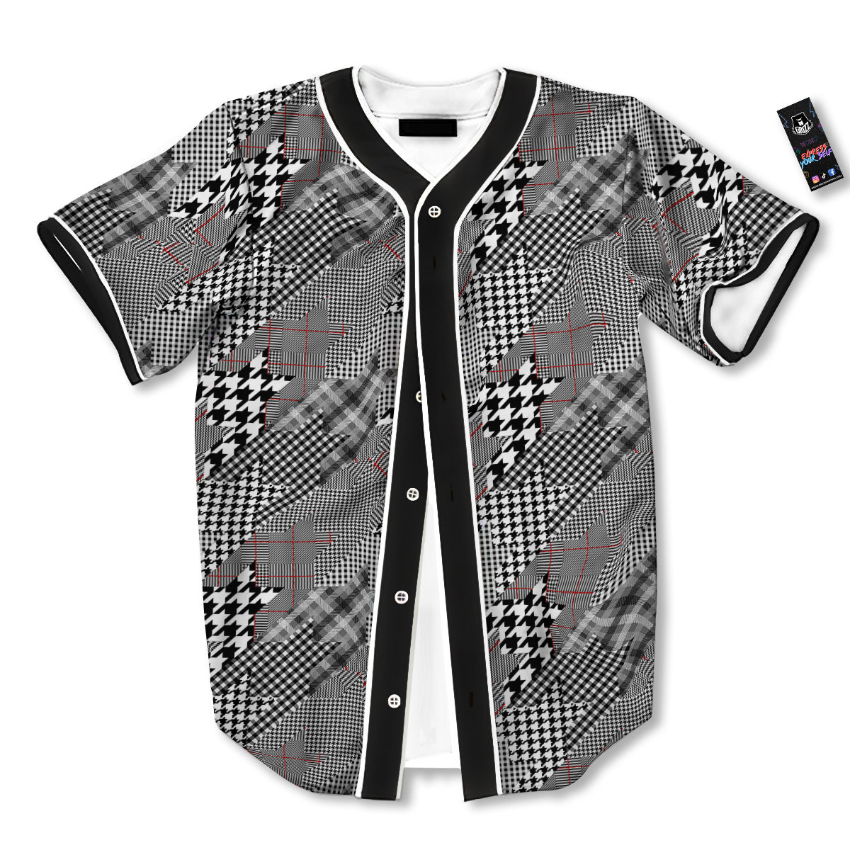 Geometrical Houndstooth Patchwork Print Pattern Baseball Jersey-grizzshop
