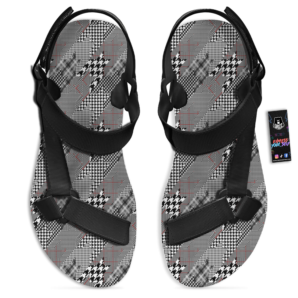 Geometrical Houndstooth Patchwork Print Pattern Black Open Toe Sandals-grizzshop