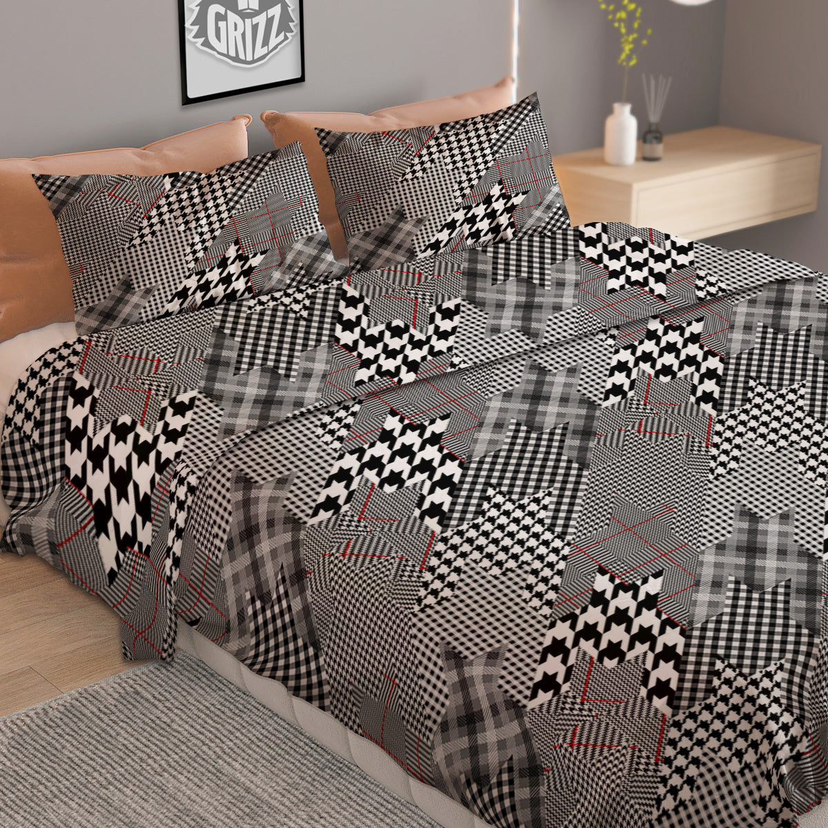 Geometrical Houndstooth Patchwork Print Pattern Duvet Cover Bedding Set-grizzshop