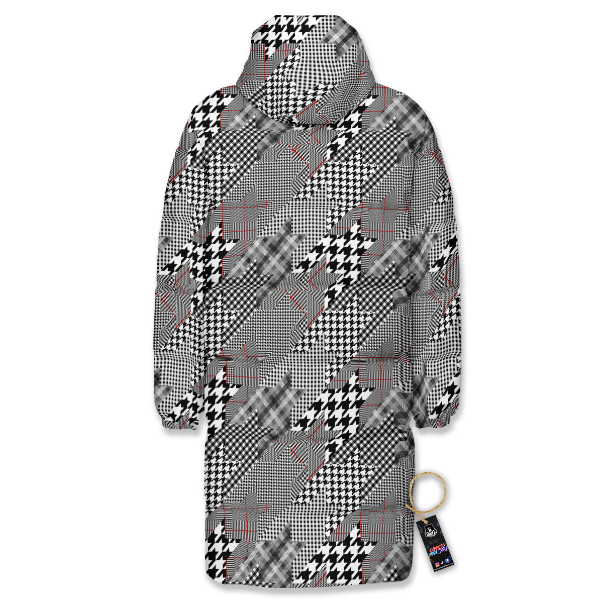 Geometrical Houndstooth Patchwork Print Pattern Long Down Jacket-grizzshop