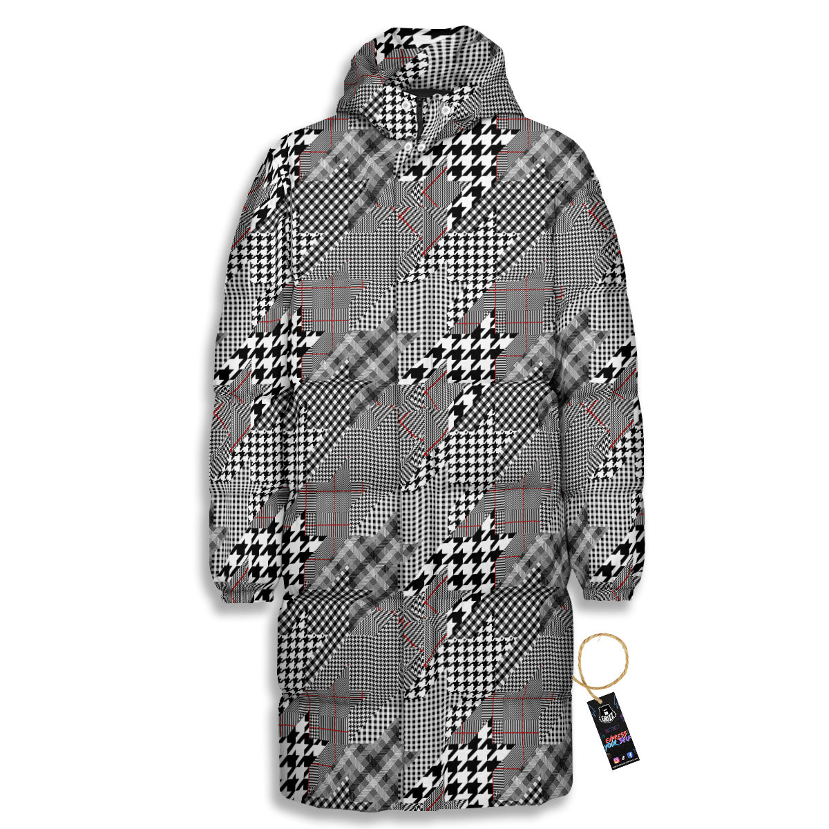 Geometrical Houndstooth Patchwork Print Pattern Long Down Jacket-grizzshop