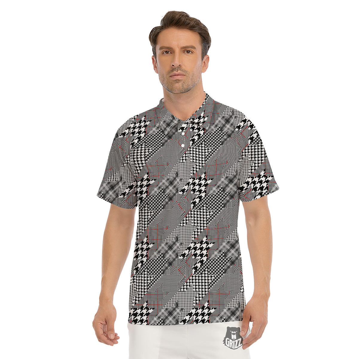 Geometrical Houndstooth Patchwork Print Pattern Men's Golf Shirts-grizzshop