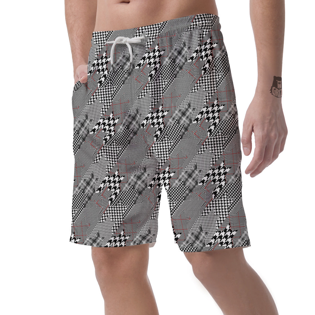 Geometrical Houndstooth Patchwork Print Pattern Men's Shorts-grizzshop