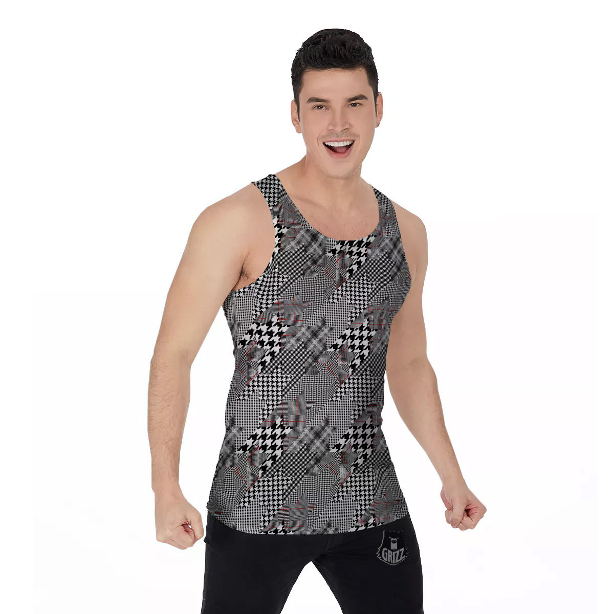 Geometrical Houndstooth Patchwork Print Pattern Men's Tank Top-grizzshop