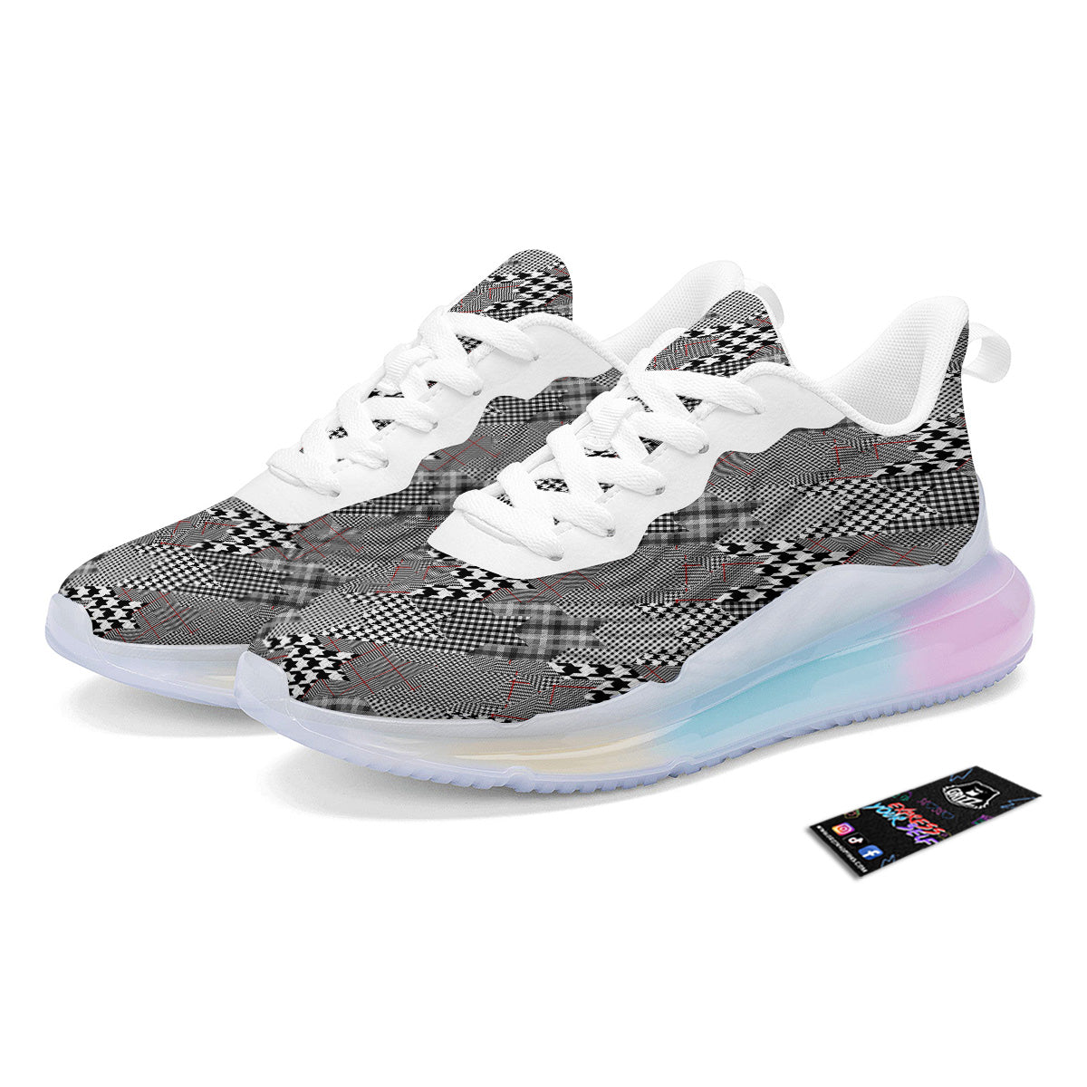 Geometrical Houndstooth Patchwork Print Pattern Running Sneakers-grizzshop