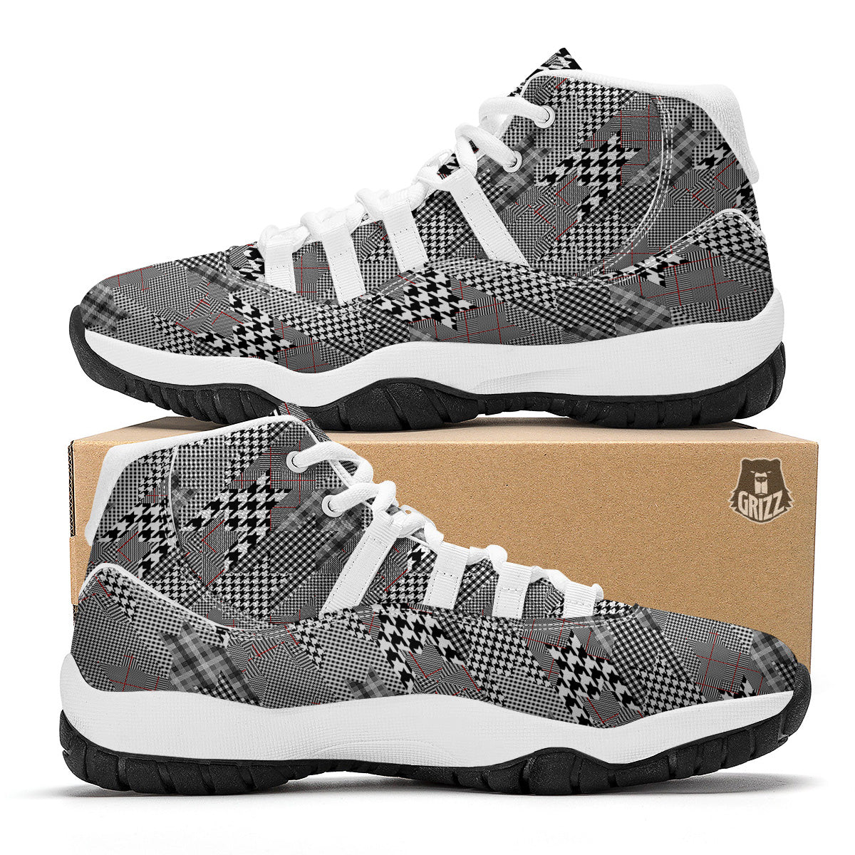 Geometrical Houndstooth Patchwork Print Pattern White Bball Shoes-grizzshop