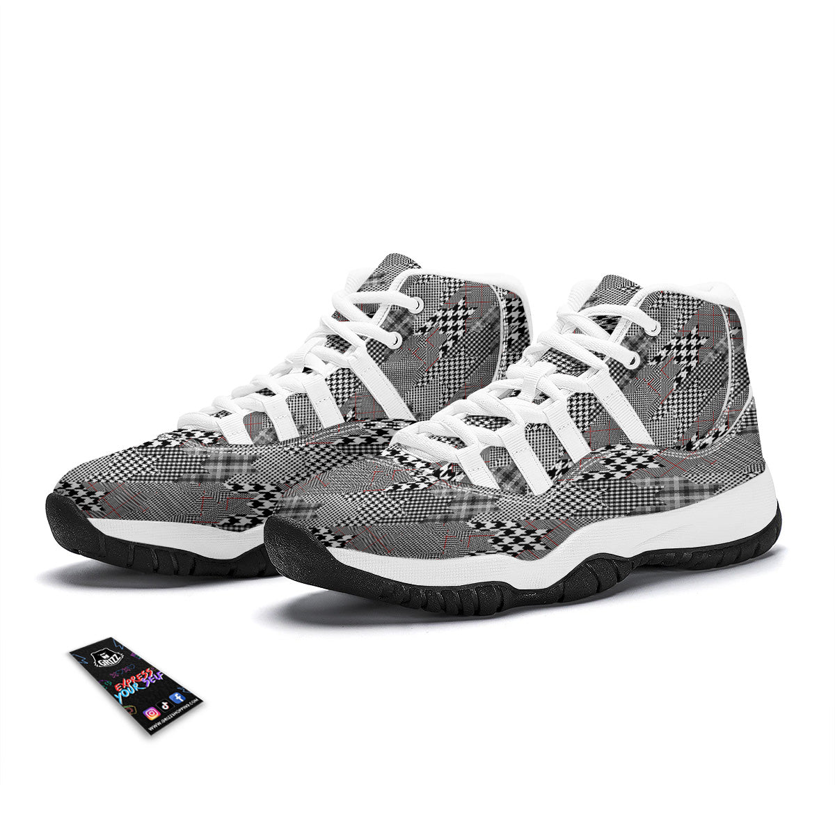 Geometrical Houndstooth Patchwork Print Pattern White Bball Shoes-grizzshop
