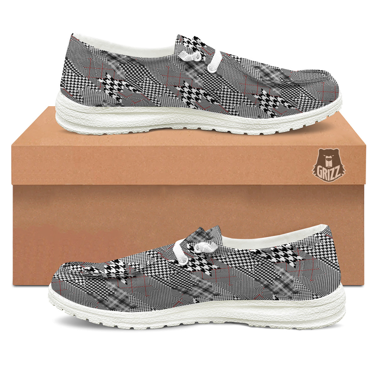 Geometrical Houndstooth Patchwork Print Pattern White Loafers-grizzshop