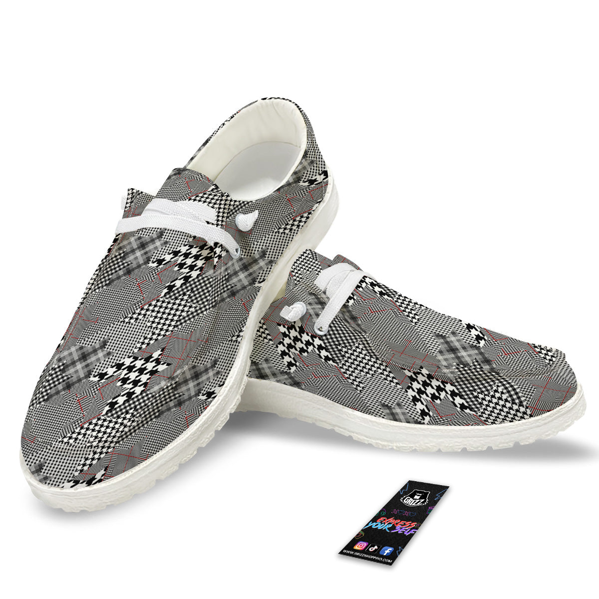 Geometrical Houndstooth Patchwork Print Pattern White Loafers-grizzshop