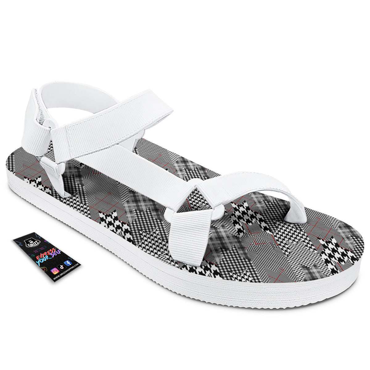 Geometrical Houndstooth Patchwork Print Pattern White Open Toe Sandals-grizzshop