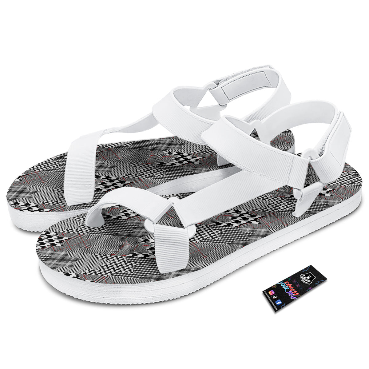 Geometrical Houndstooth Patchwork Print Pattern White Open Toe Sandals-grizzshop