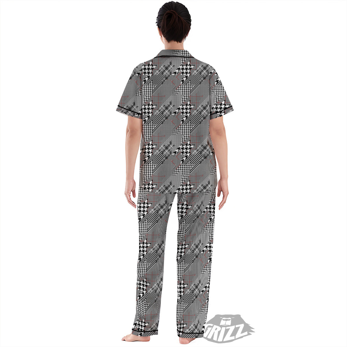 Geometrical Houndstooth Patchwork Print Pattern Women's Pajamas Set-grizzshop