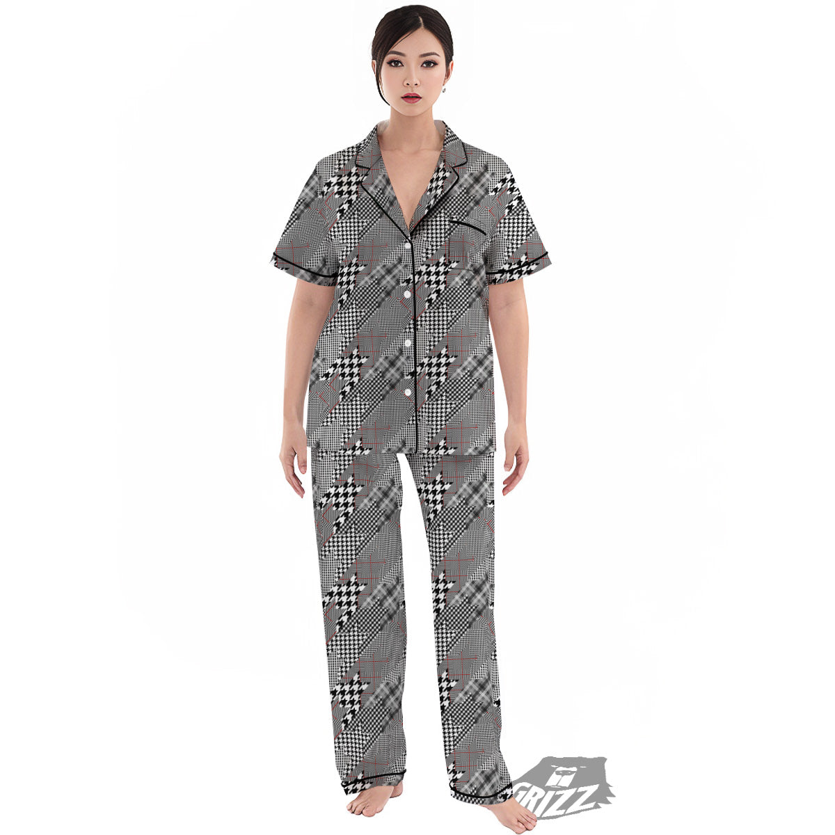 Geometrical Houndstooth Patchwork Print Pattern Women's Pajamas Set-grizzshop