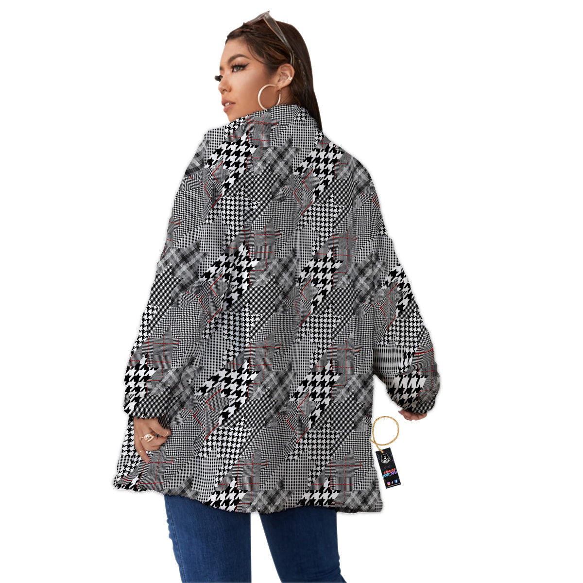 Geometrical Houndstooth Patchwork Print Pattern Women's Sherpa Jacket-grizzshop