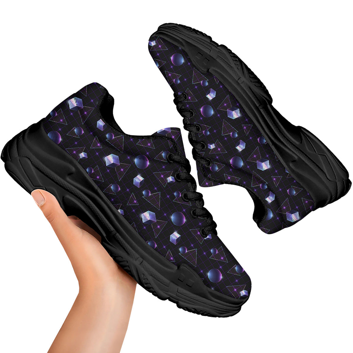 Geometry 80's Style Print Pattern Black Chunky Shoes-grizzshop