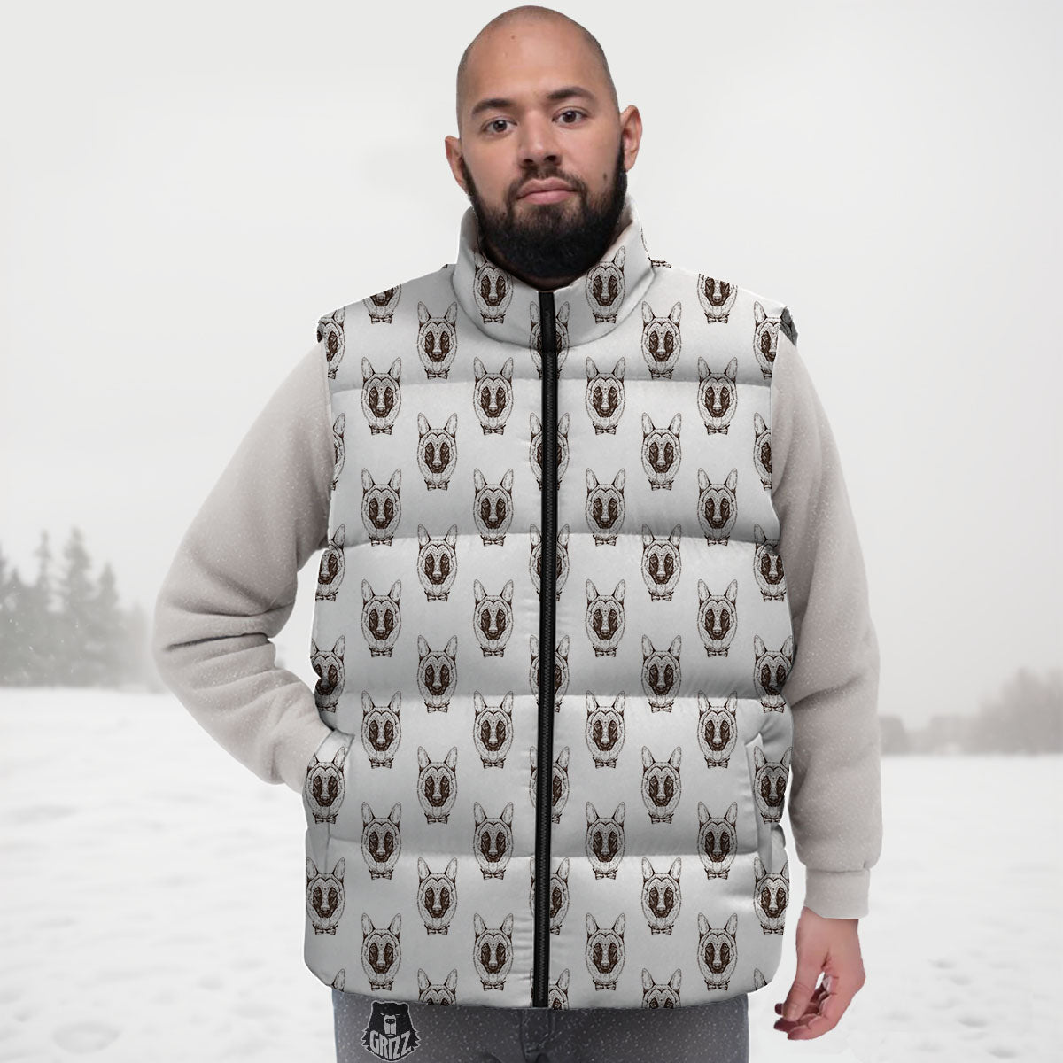 German Shepherd Drawing Print Pattern Down Vest