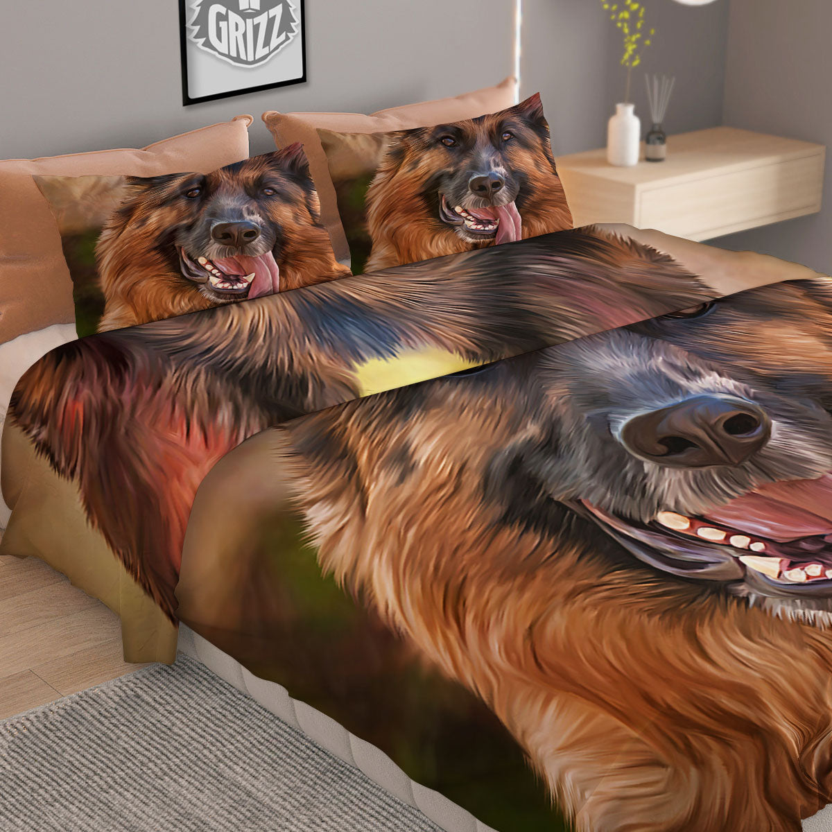 German Shepherd Portrait Vintage Print Duvet Cover Bedding Set