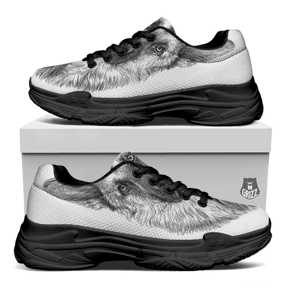 German Shepherd White And Black Print Black Chunky Shoes-grizzshop