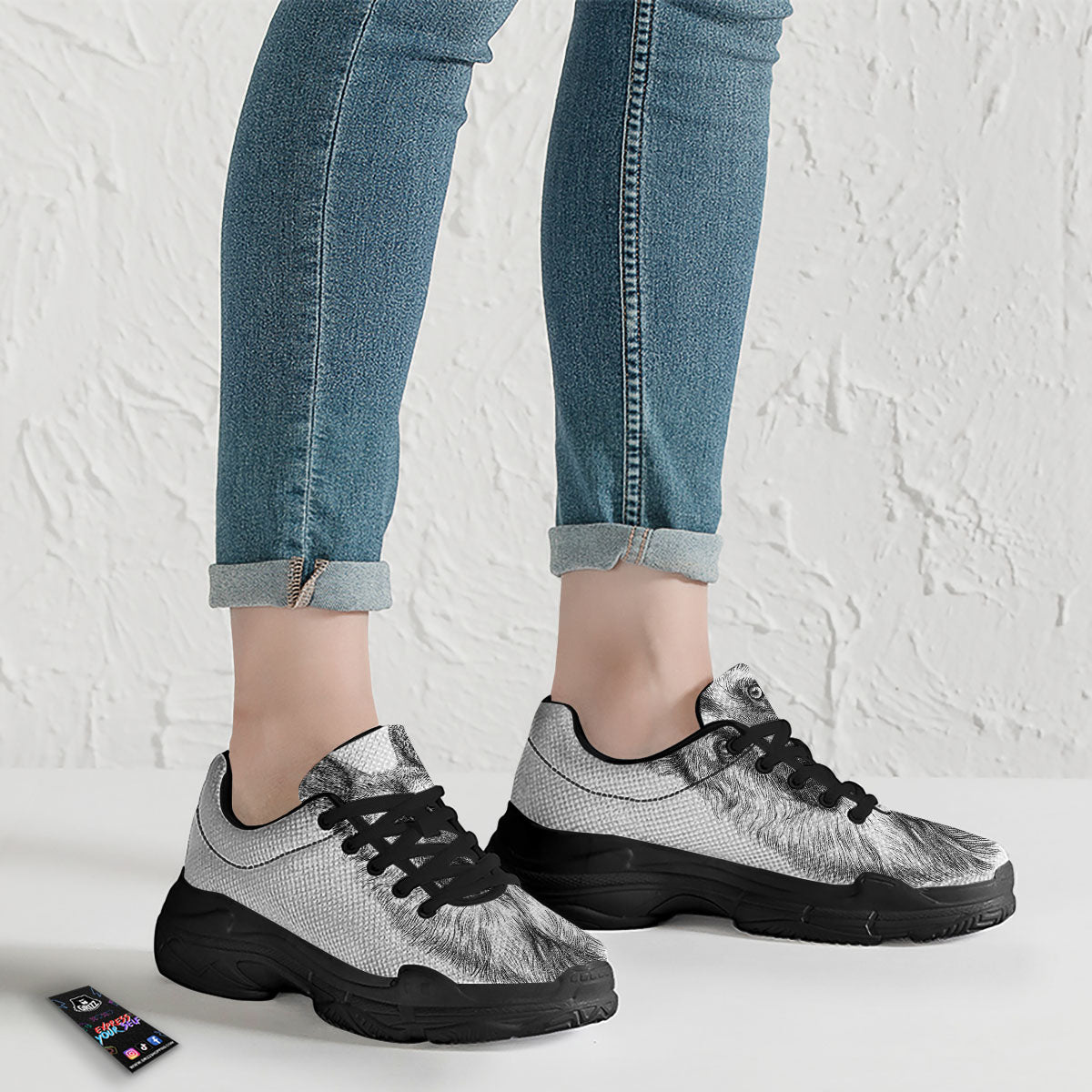 German Shepherd White And Black Print Black Chunky Shoes-grizzshop