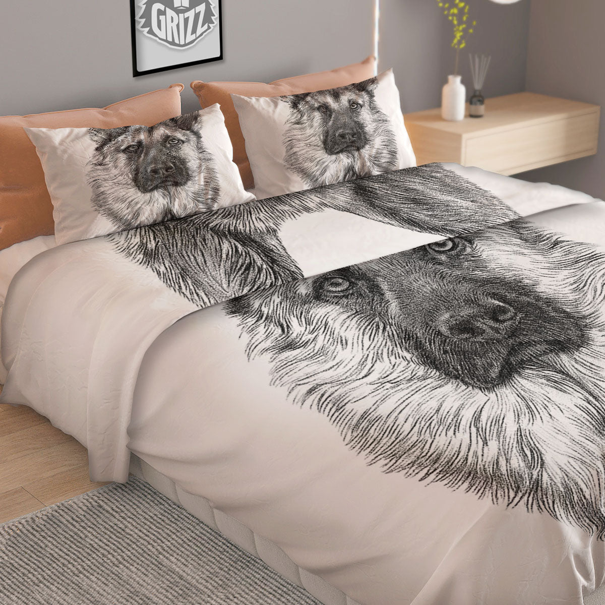 German Shepherd White And Black Print Duvet Cover Bedding Set