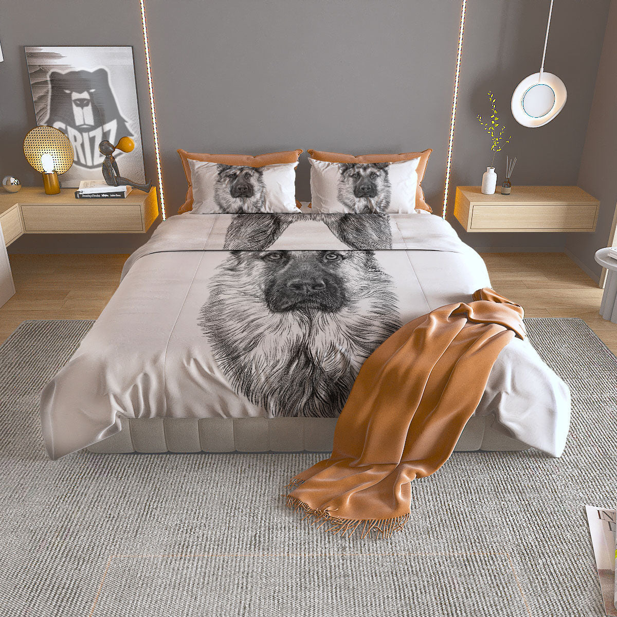 German Shepherd White And Black Print Duvet Cover Bedding Set