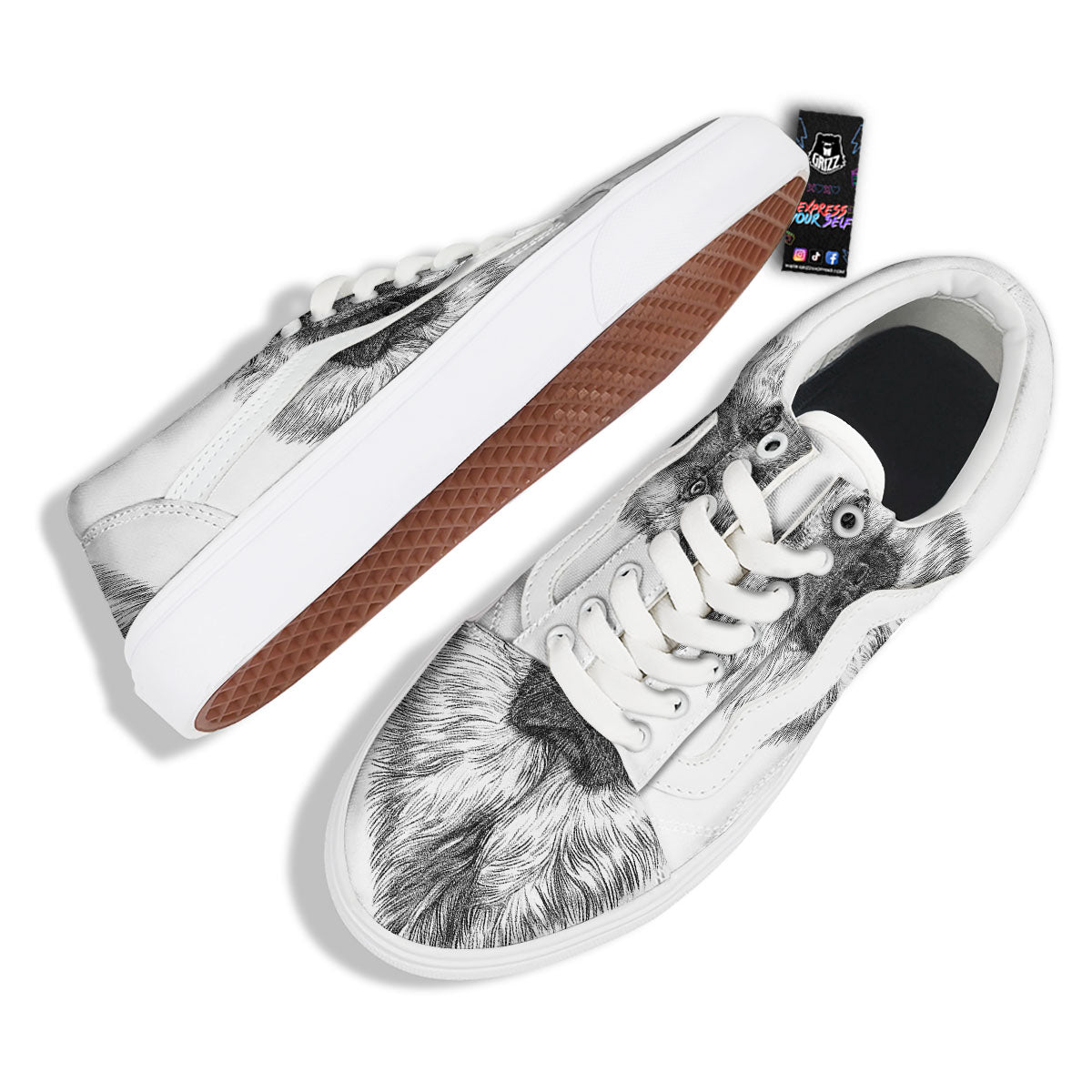 German Shepherd White And Black Print Skate Shoes-grizzshop