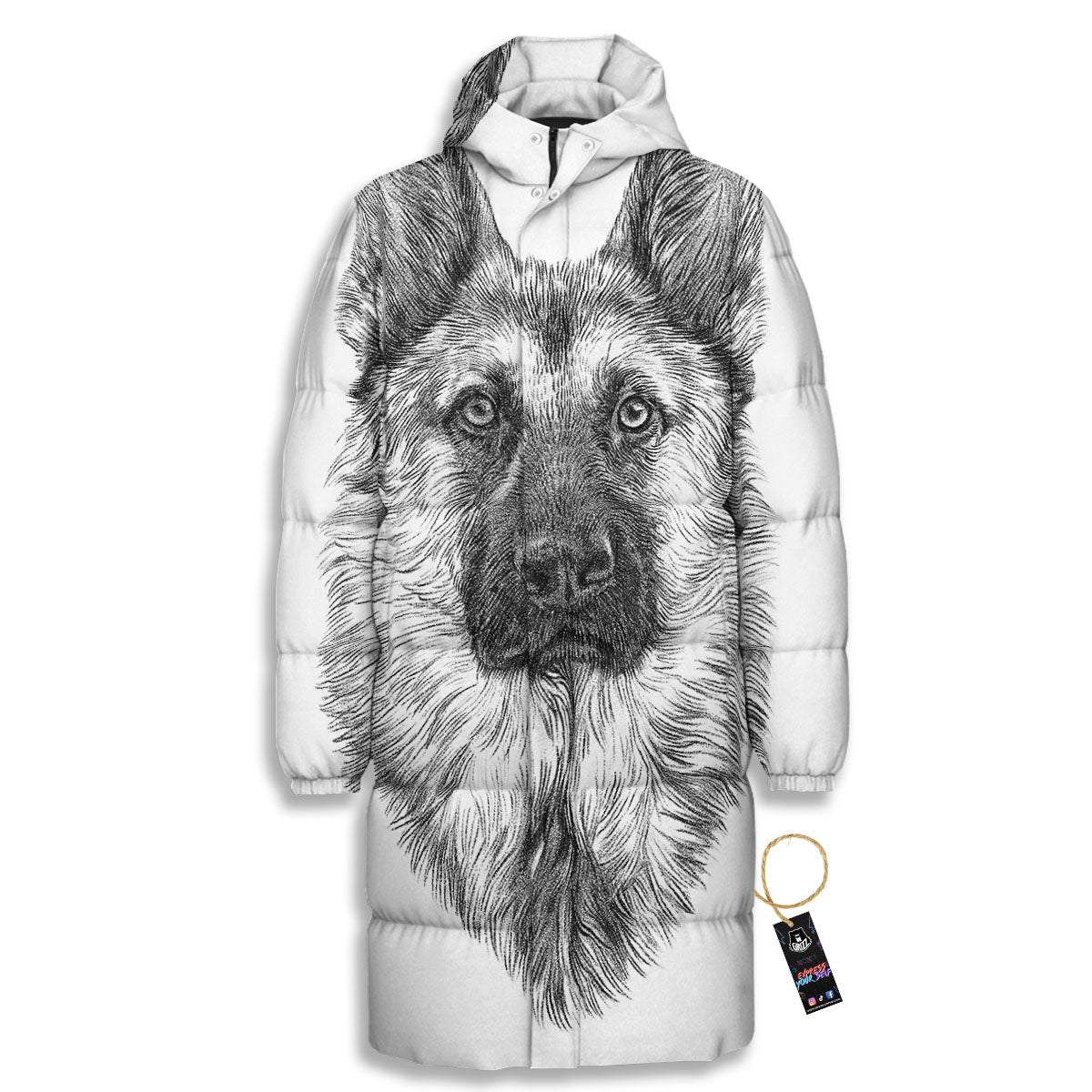 German Shepherd White And Black Print Long Down Jacket