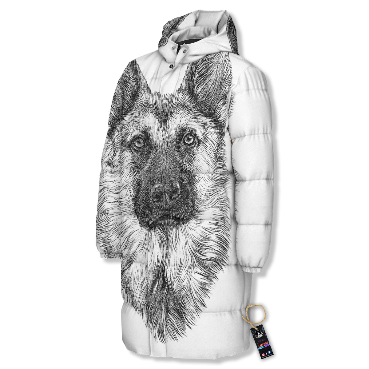 German Shepherd White And Black Print Long Down Jacket