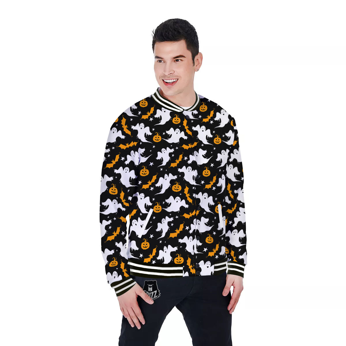 Ghost Halloween Print Pattern Baseball Jacket-grizzshop