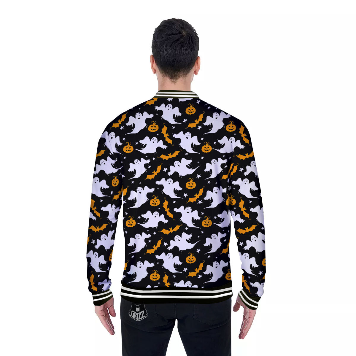 Ghost Halloween Print Pattern Baseball Jacket-grizzshop