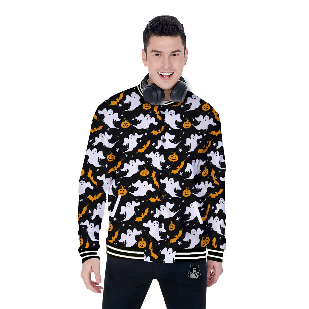 Ghost Halloween Print Pattern Baseball Jacket-grizzshop