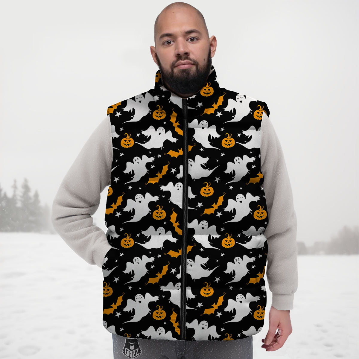 Ghost Halloween Print Pattern Down Vest-grizzshop