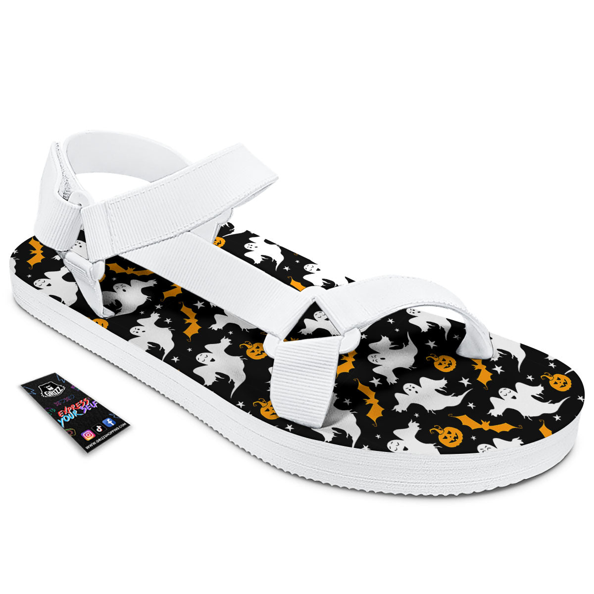 Ghost Halloween Print Pattern White Open Toe Sandals-grizzshop
