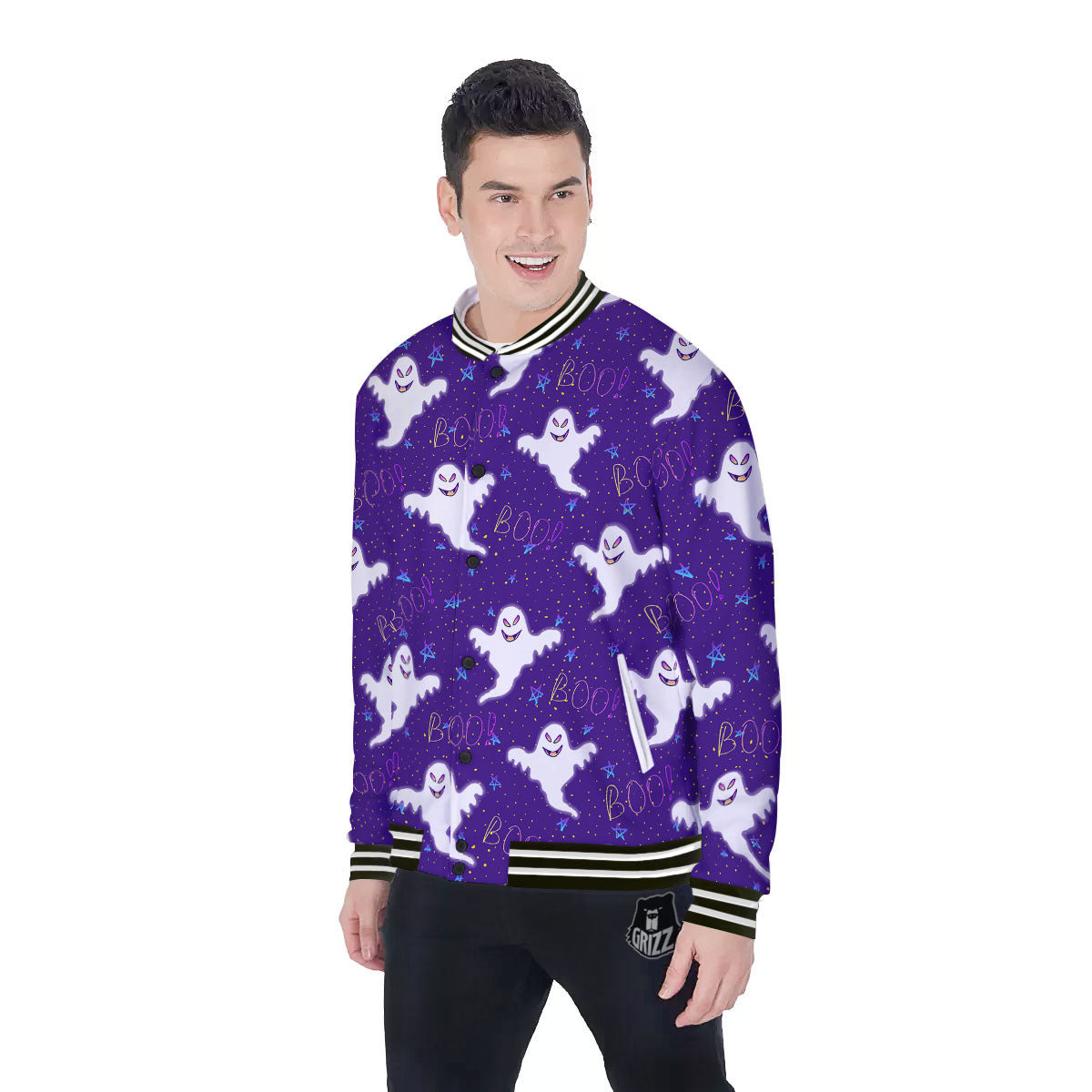 Ghost Happy Halloween Print Pattern Baseball Jacket-grizzshop
