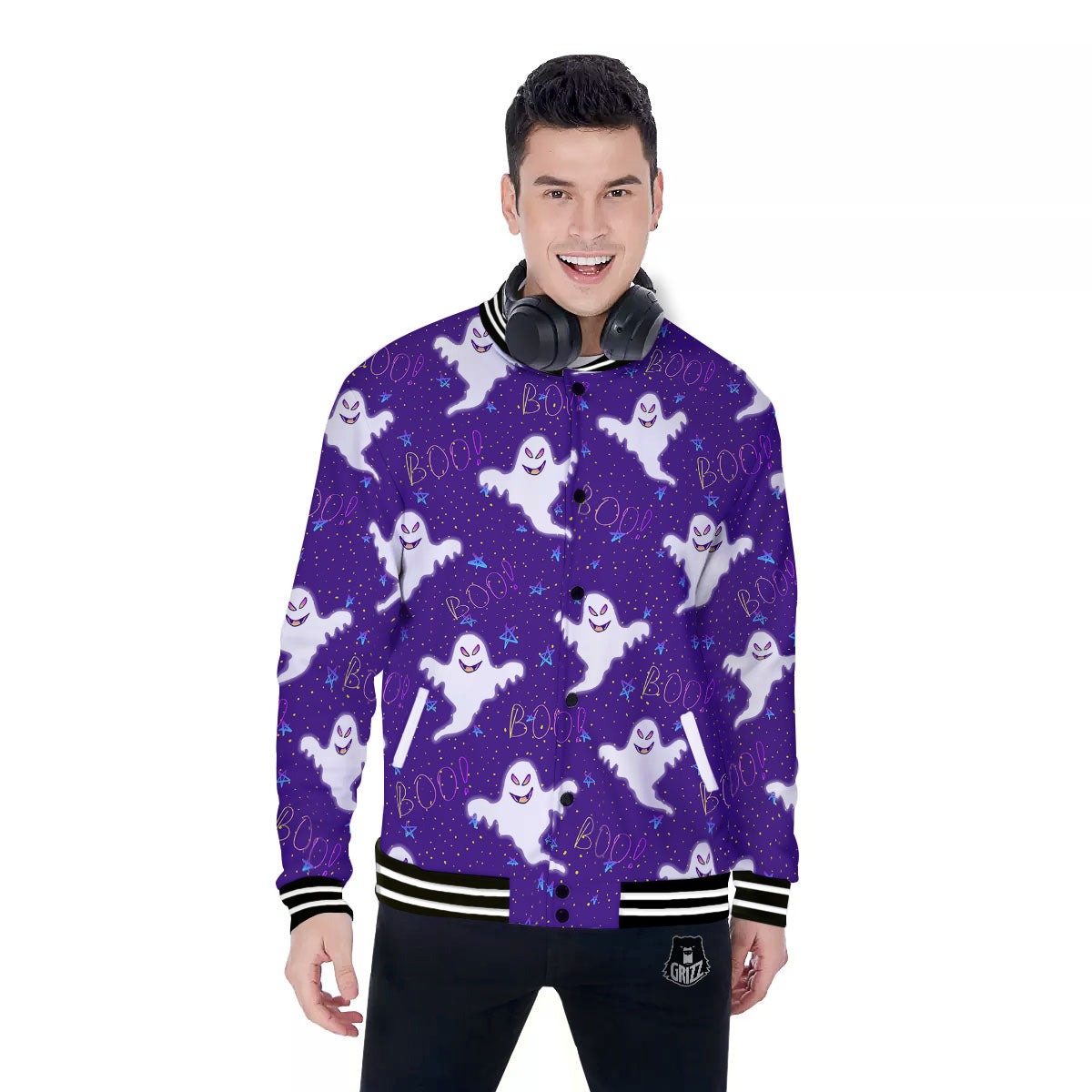 Ghost Happy Halloween Print Pattern Baseball Jacket-grizzshop