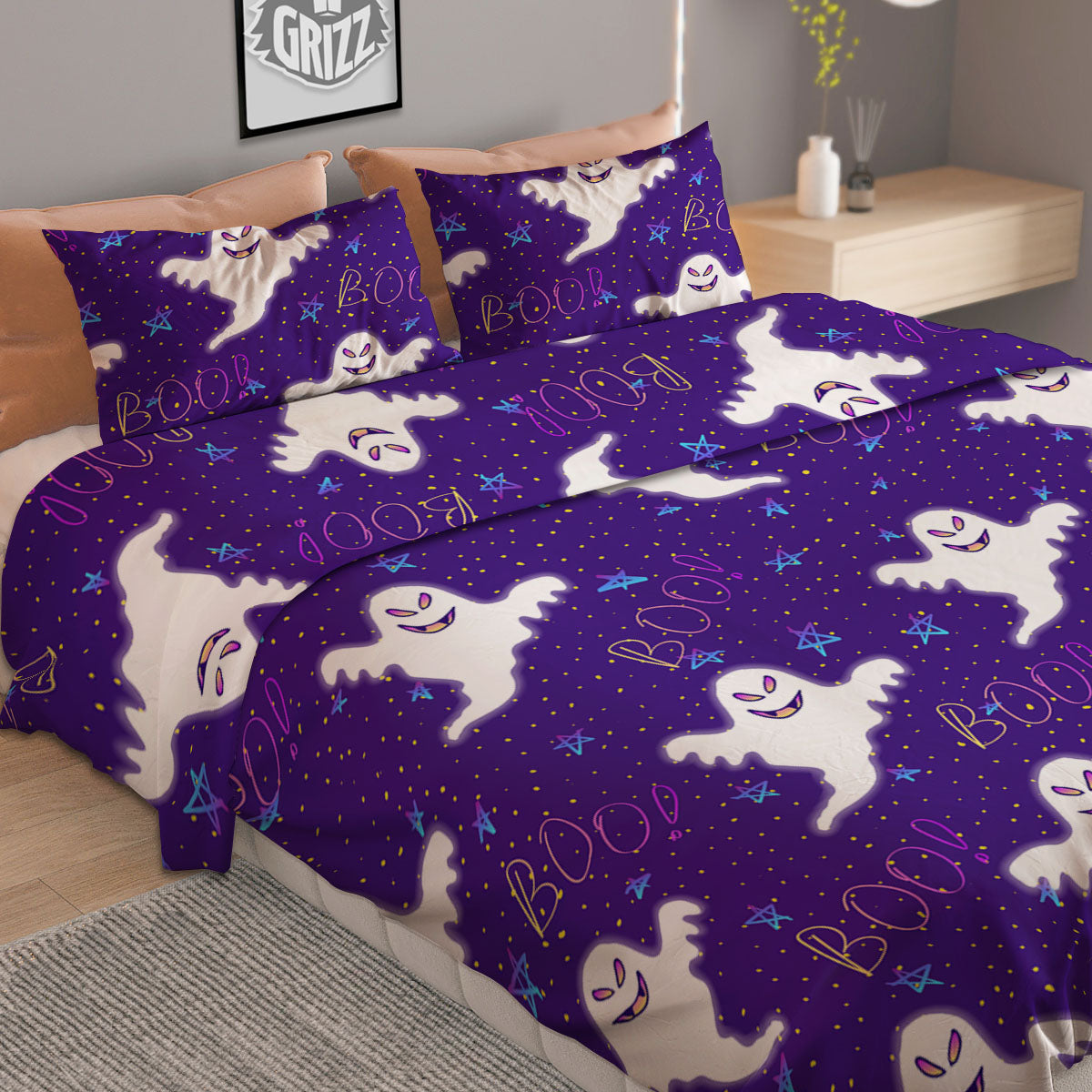 Ghost Happy Halloween Print Pattern Duvet Cover Bedding Set
