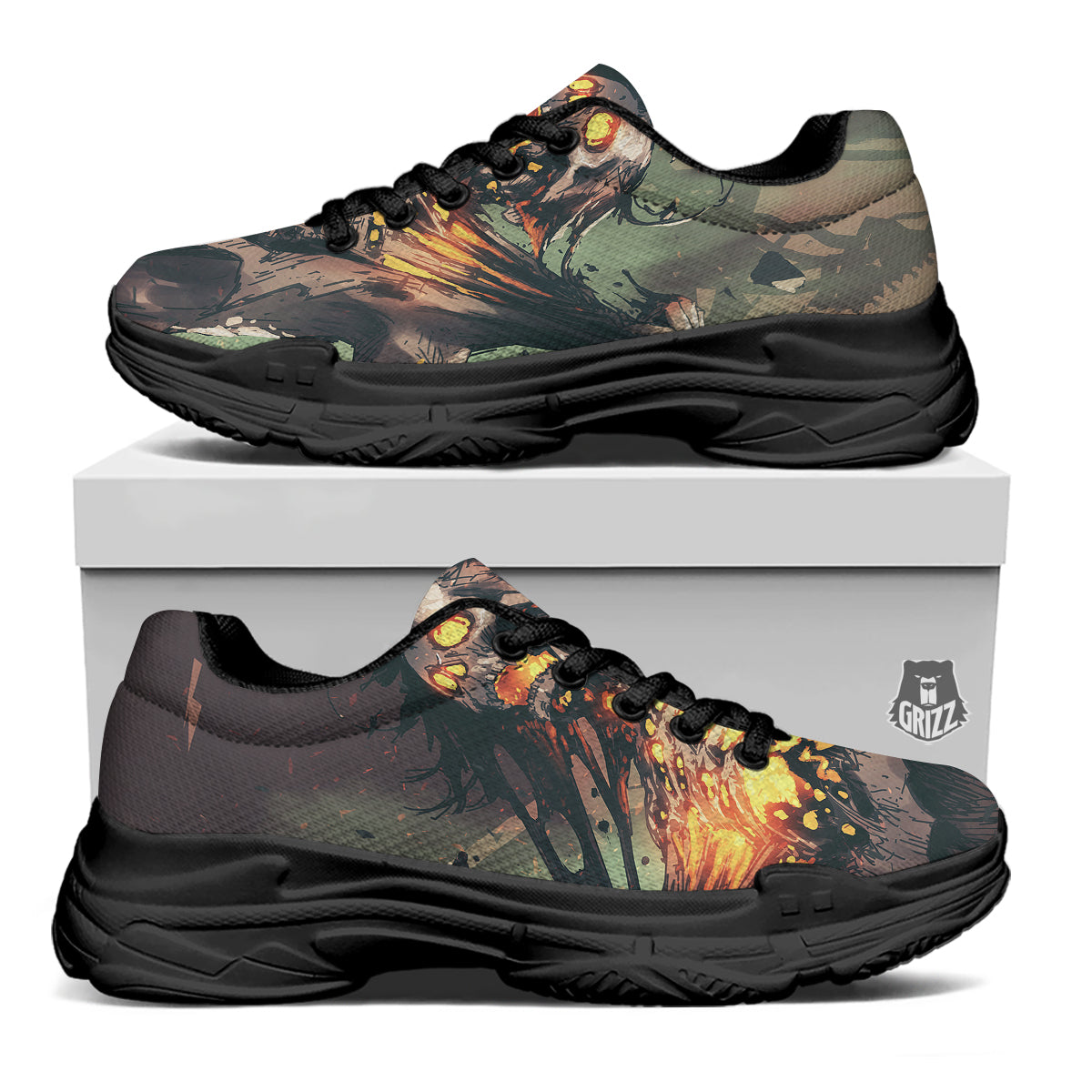 Ghost Skeleton Print Black Chunky Shoes-grizzshop