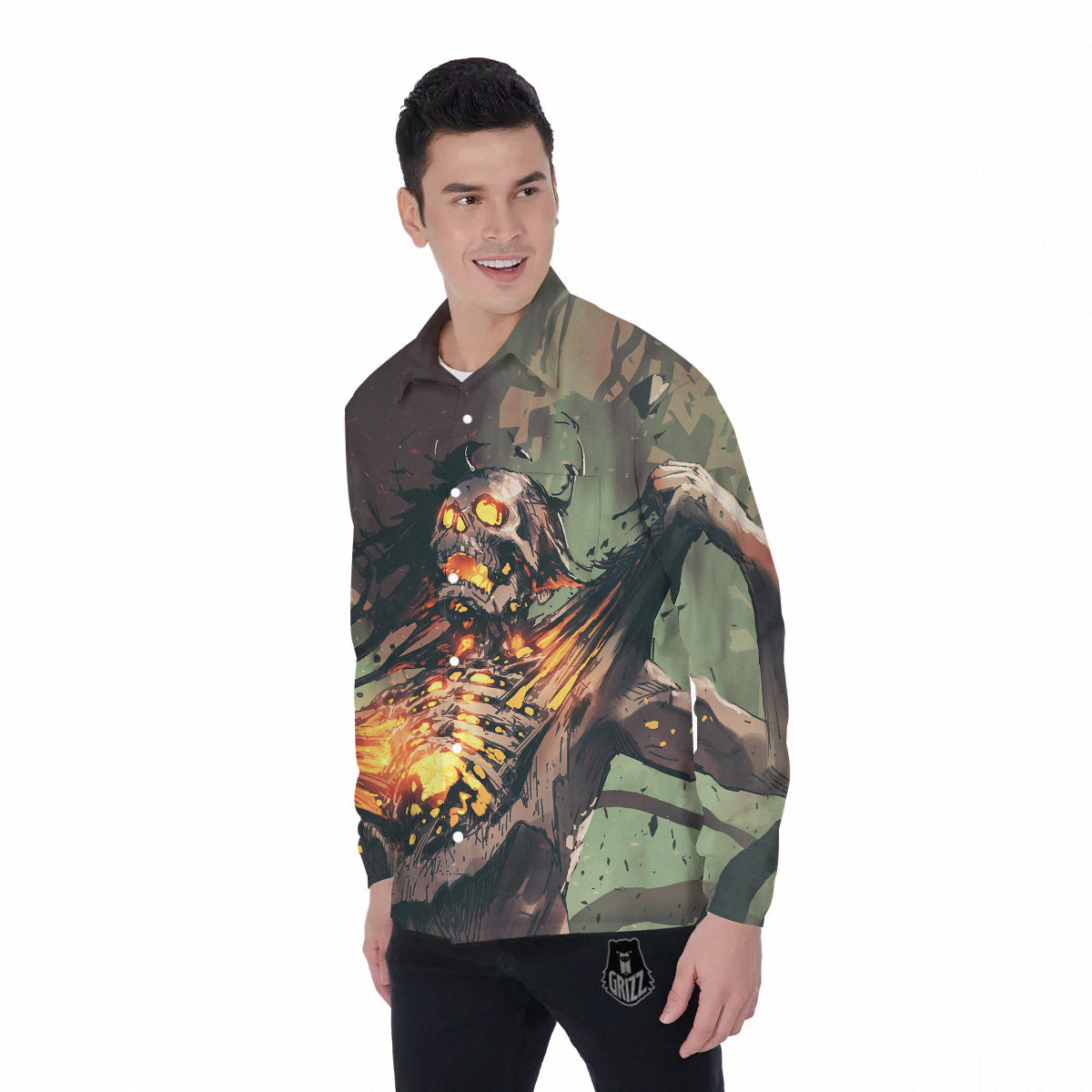 Ghost Skeleton Print Men's Long Sleeve Shirts-grizzshop