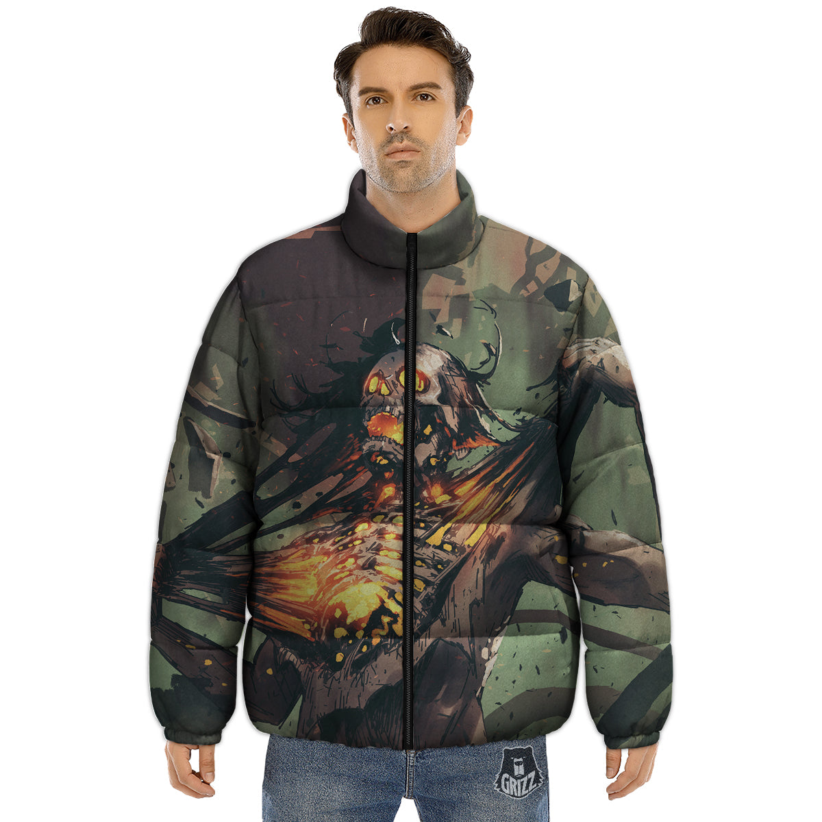 Ghost Skeleton Print Puffer Jacket-grizzshop