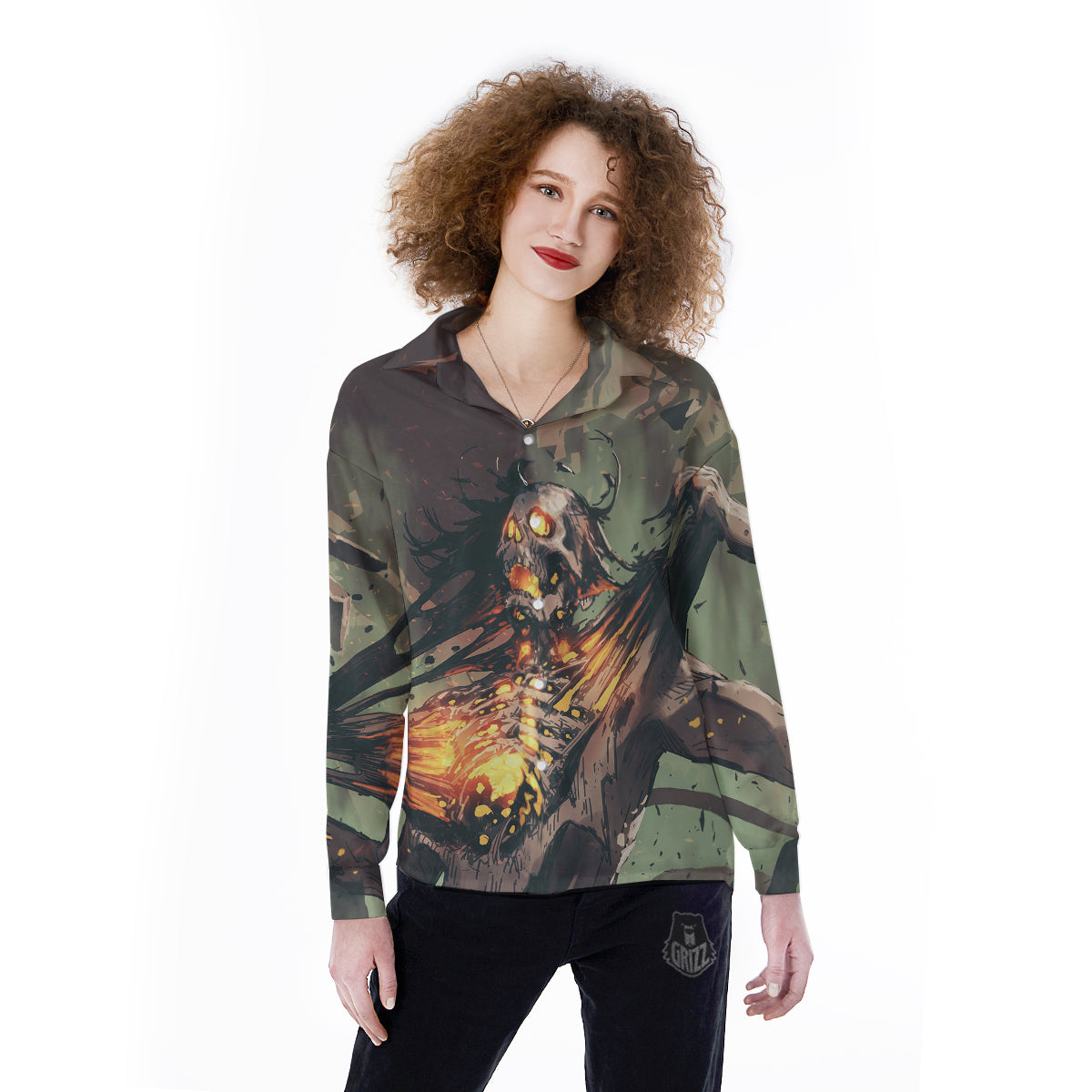 Ghost Skeleton Print Women's Long Sleeve Shirts-grizzshop